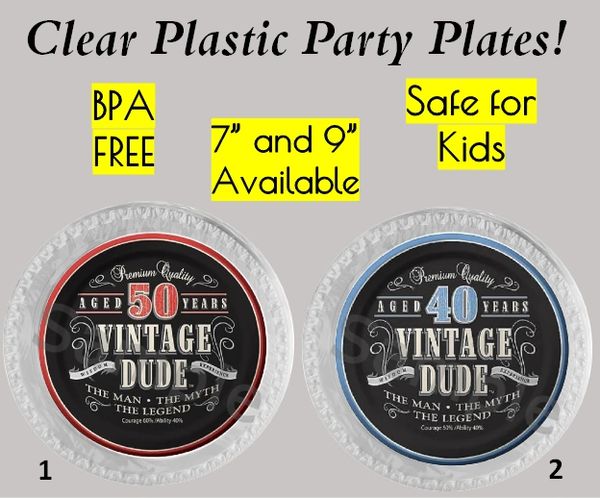 Vintage Dude Birthday Plastic Party Plates, 7" Dessert Plates, 9" Dinner Plates, Set of 6