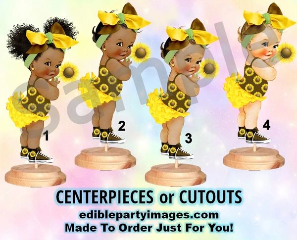 Sunshine Sunflower Baby Girl Centerpieces with Stand OR Cut Outs, Baby Shower Centerpieces