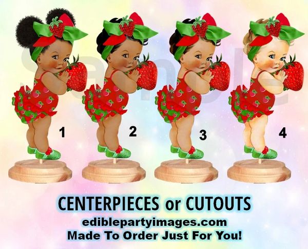 Strawberry Baby Girl Centerpiece with Stand OR Cut Outs, Red Green Big Head Bow