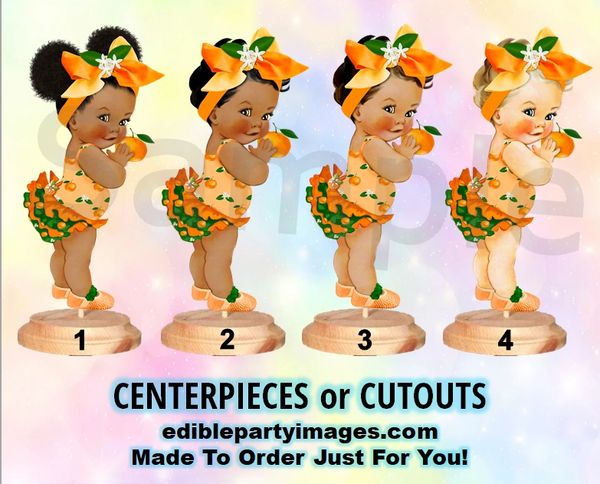 Little Cutie Orange Baby Girl Centerpiece with Stand OR Cut Outs, Orange Green Big Head Bow