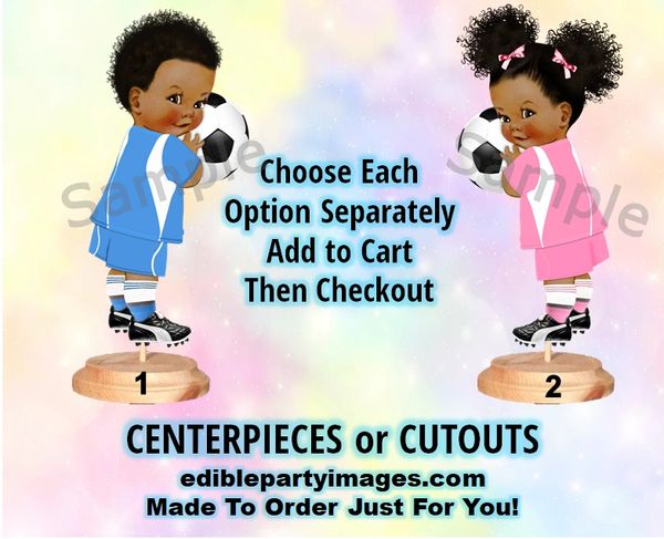 Soccer Baby Boy or Girl Twins Centerpiece with Stand OR Cutouts, Pink Blue Soccer Babies
