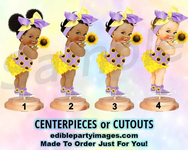 Sunshine Sunflower Baby Girl Centerpieces with Stand OR Cut Outs, Yellow and Purple Big Head Bow