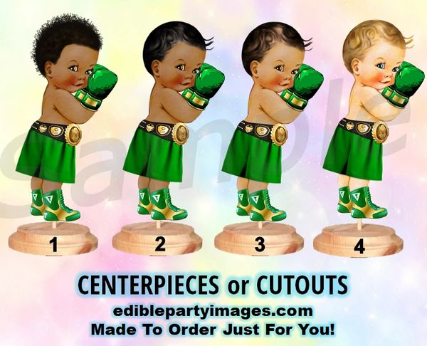 Little Prince Boxing Boxer Baby Boy Centerpiece with Stand OR Cut Outs, Emerald Green Gold Belt