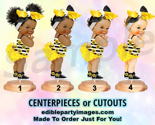 Sunshine Sunflower Baby Girl Centerpieces with Stand OR Cut Outs, Yellow Black Big Head Bow