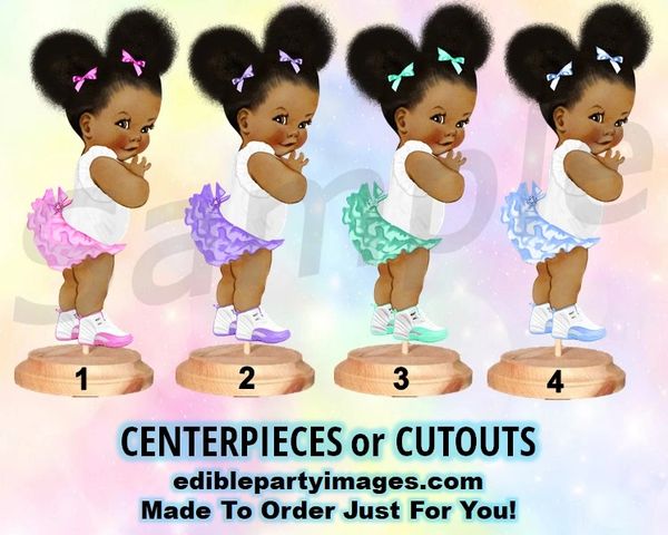 African American Baby Girl Centerpiece with Stand OR Cut Outs, Pink Mint Lavender Blue Ruffle Pants