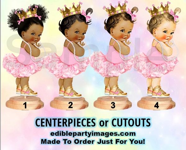Princess Ballerina Baby Girl Centerpiece with Stand OR Cut Outs, Light Pink Gold Nikes