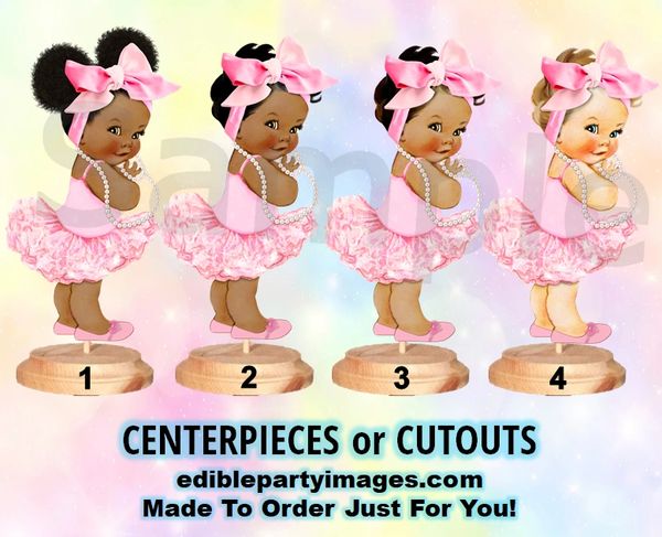 Ballerina Baby Girl Centerpieces with Stand or Cut Outs, Pink Tutu Big Head Bow
