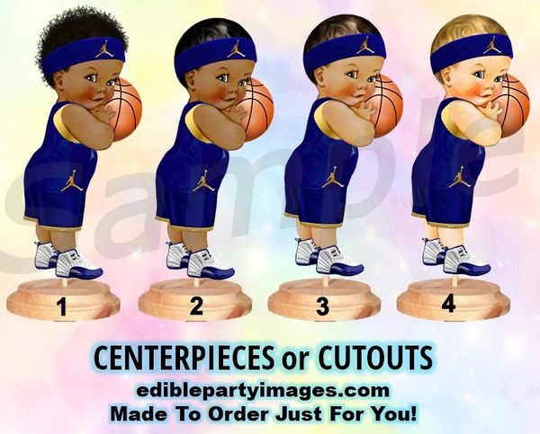 Basketball Player Baby Boy Centerpiece with Stand OR Cut Outs, Navy Blue Jordans