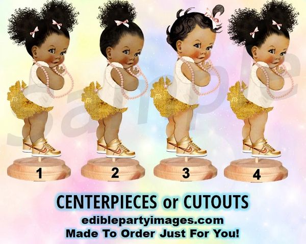 Ruffle Pants Baby Girl Centerpiece with Stand OR Cut Outs, Ivory Peach and Gold Nikes