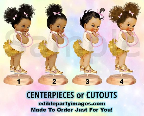 Ruffle Pants Baby Girl Centerpiece with Stand OR Cut Outs, Ivory Pink and Gold Nikes