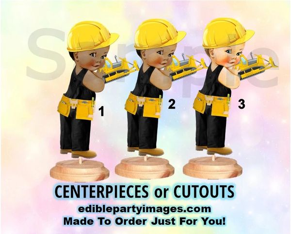 Construction Worker Baby Boy Centerpiece with Stand OR Cutouts, Yellow Black