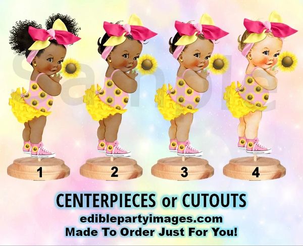 Sunshine Sunflower Baby Girl Centerpieces with Stand OR Cut Outs, Pink and Yellow Big Head Bow