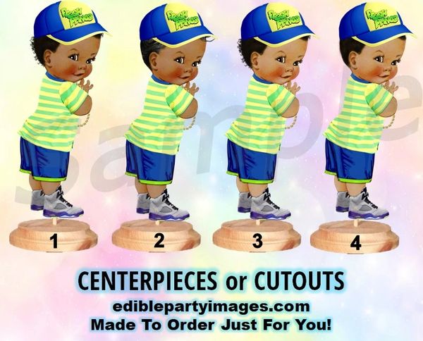 Fresh Prince Baby Boy Centerpiece with Stand OR Cutouts, Royal Blue Yellow Stripes