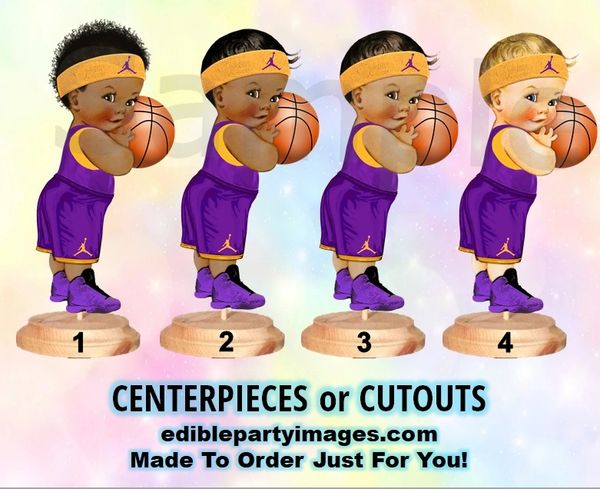 Basketball Player Baby Boy Centerpiece with Stand OR Cut Outs, Purple and Gold Jordans