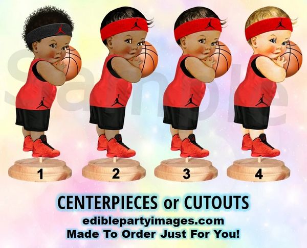 Basketball Player Baby Boy Centerpiece with Stand OR Cut Outs, Red and Black Jordans
