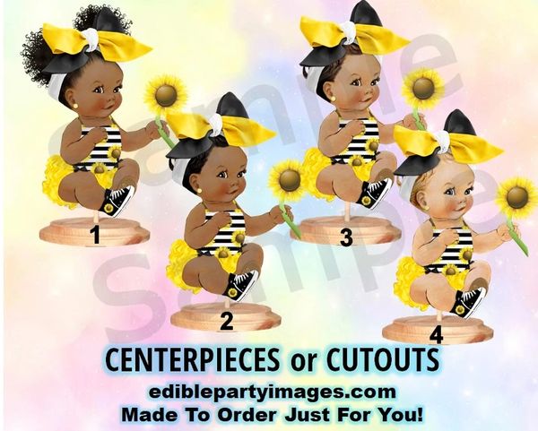 Sunshine Sunflower Baby Girl Centerpieces with Stand OR Cut Outs, Yellow Black Big Head Bow, Sitting Baby Girl