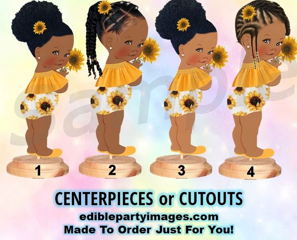 Sunflower Princess Baby Girl Centerpiece with Stand OR Cut Outs, Yellow Brown and White