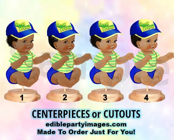 Sitting Fresh Prince Baby Boy Centerpiece with Stand OR Cutouts, Royal Blue Yellow Stripes