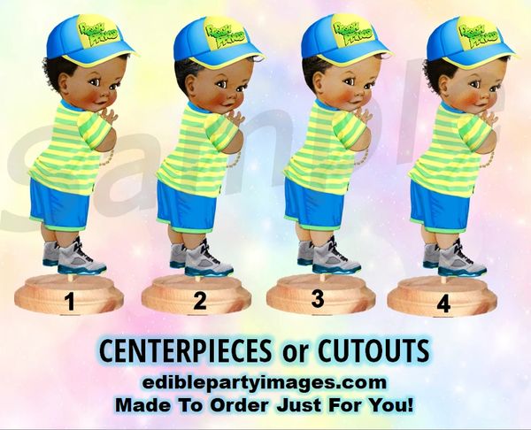 Fresh Prince Baby Boy Centerpiece with Stand OR Cutouts, Light Blue Yellow Stripes