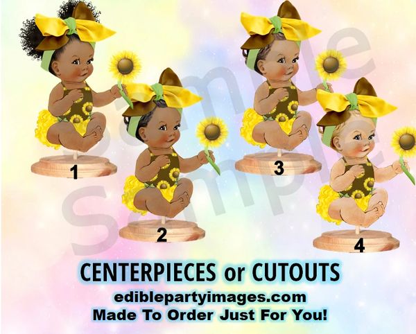 Sunshine Sunflower Baby Girl Centerpieces with Stand OR Cut Outs, Yellow Brown Big Head Bow