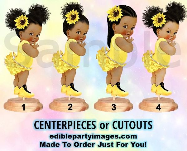 Yellow Sunflower Baby Girl Centerpiece with Stand OR Cut Outs, Afro Sunflower Baby