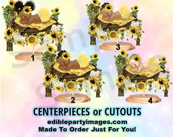 Sleeping Sunflower Baby Girl Centerpiece with Stand OR Cut Outs, Sunflower Woodland Bed