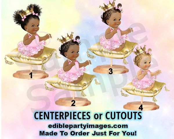 Royal Princess Girl Centerpiece with Stand OR Cut Outs, Pink and Gold Baby on Pillow