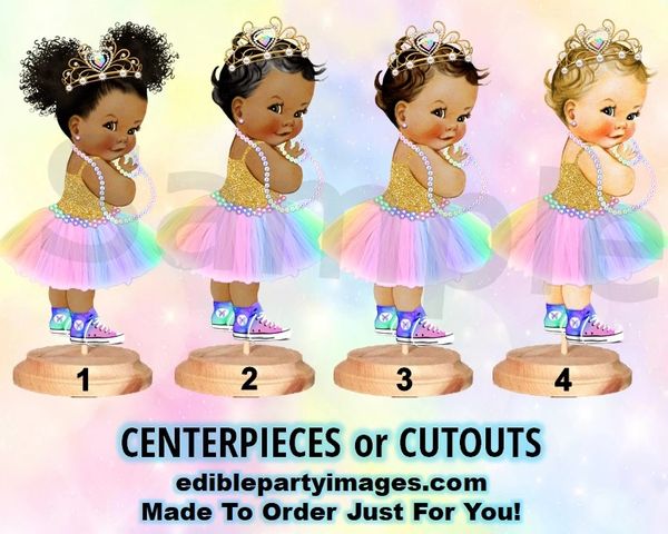 Rainbow Princess Baby Girl Centerpiece with Stand OR Cutouts, Pastel Tulle, Gold Tiara