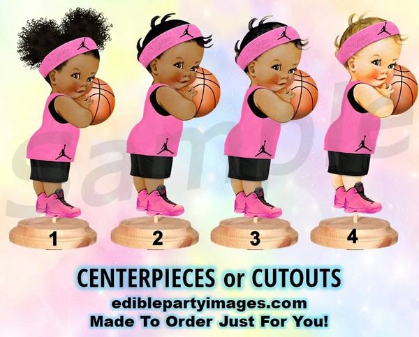 Girl Basketball Player Centerpiece with Stand OR Cut Outs, Pink and Black Jordan Sneakers