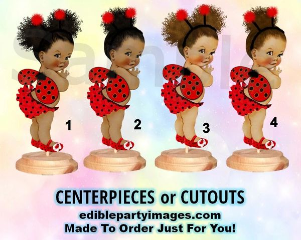 Ladybug Baby Girl Centerpiece with Stand OR Cut Outs, Red and Black Ladybug Girl