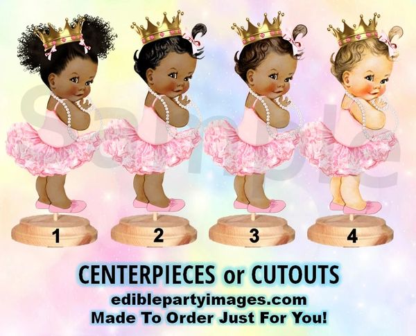 Princess Ballerina Baby Girl Centerpiece with Stand OR Cut Outs, Light Pink Gold Crown Pearls