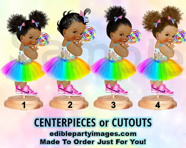 Candy Land Lollipop Baby Girl Centerpiece with Stand OR Cut Outs, Rainbow Tulle Hot Pink Nikes