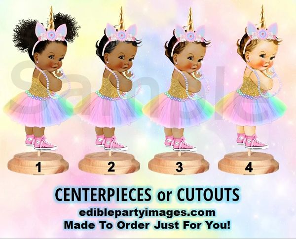Princess Unicorn Baby Girl Centerpiece with Stand OR Cut Outs, Pastel Rainbow Tulle, Pink Converse Sneakers