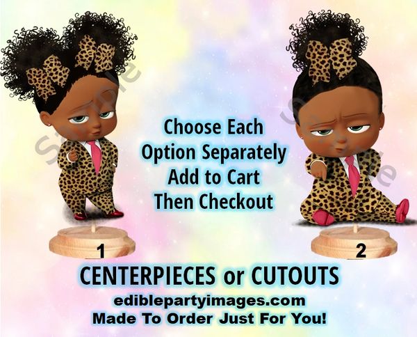 Sassy Boss Baby Girl Centerpiece with Stand OR Cut Outs, Cheetah Print Boss Baby