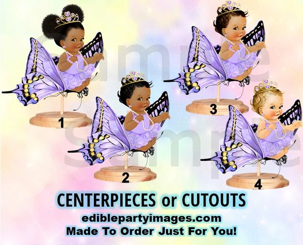 Princess Butterfly Baby Girl Centerpiece with Stand OR Cut Outs, Lavender Purple, Baby Sitting on Butterfly