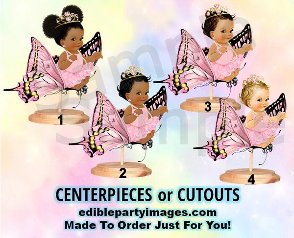 Princess Butterfly Baby Girl Centerpiece with Stand OR Cut Outs, Pink and Gold, Baby Sitting on Butterfly