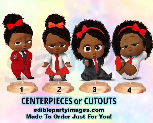 African American Sassy Boss Baby Girl Centerpiece with Stand OR CutOut, Red Suit Red Bow