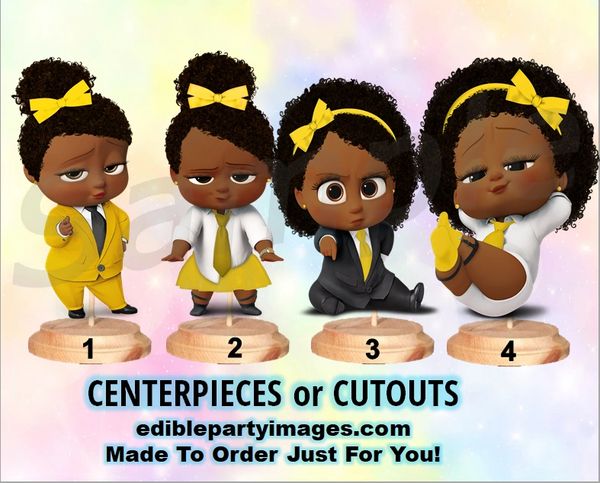 African American Sassy Boss Baby Girl Centerpiece with Stand OR CutOut, Yellow Suit Yellow Bow