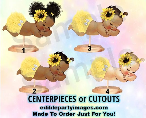 Sleeping Sunflower Baby Girl Centerpieces with Stand OR Cut Outs, Yellow Sunflower Baby