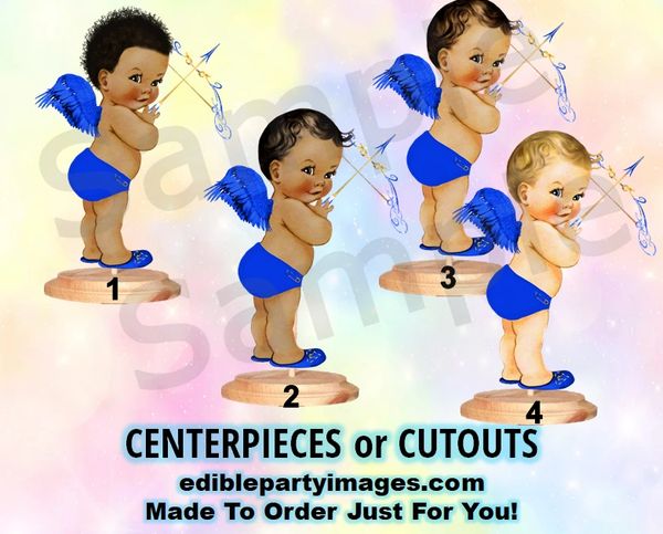 Little Cupid Baby Boy Centerpiece with Stand OR Cut Outs, Royal Blue Wings Bow