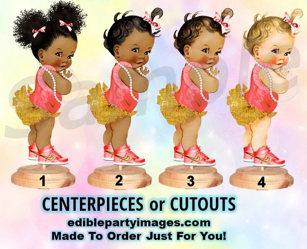 Ruffle Pants Baby Girl Centerpiece with Stand OR Cut Outs, Coral and Gold Nikes