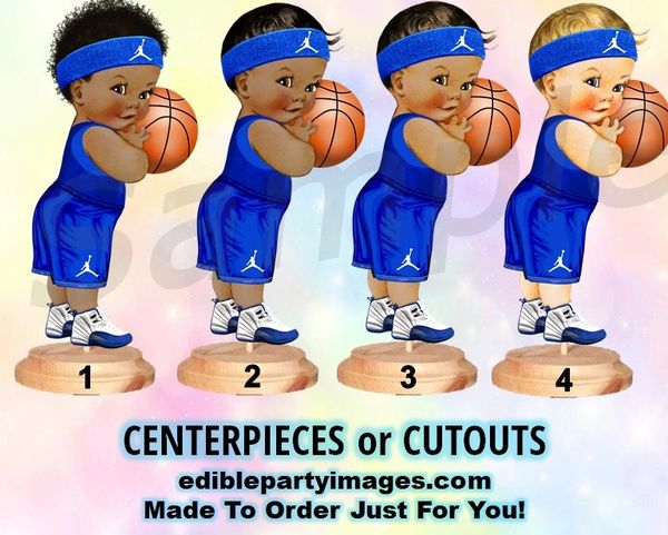 Basketball Player Baby Boy Centerpiece with Stand OR Cut Outs, Royal Blue Sneakers