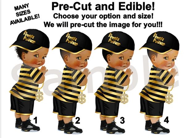 Little Prince Fresh Baby Boy EDIBLE Cake Topper Image Cupcakes, Black and Gold Backward Hat