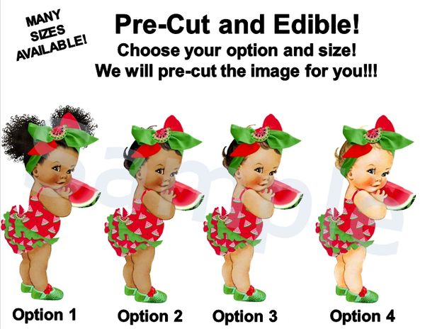 Watermelon Baby Girl EDIBLE Image Cake Topper Frosting Sheet Cupcakes, Red Green Big Head Bow