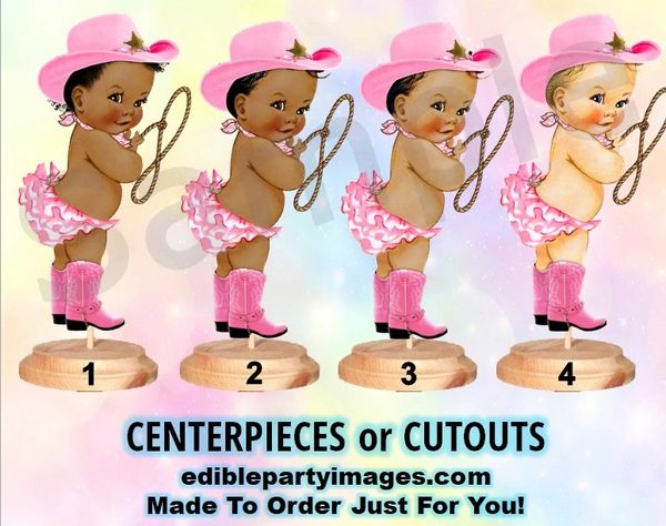Western Cowgirl Baby Centerpiece with Stand OR Cutouts, Pink Cowgirl Baby