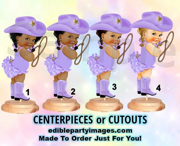 Western Cowgirl Baby Centerpiece with Stand OR Cutouts, Lavender Purple Cowgirl Baby