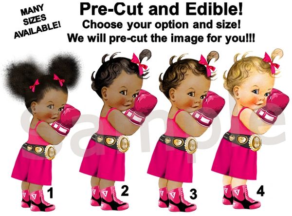Boxing Boxer Baby Girl EDIBLE Cake Topper Image Cupcakes, Red and Gold