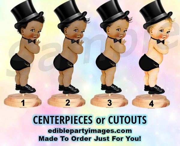 Little Man Prince Boy Centerpiece with Stand OR Cut Outs, Black Top Hat Bow Tie