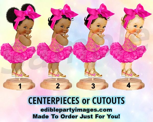 Ballerina Baby Girl Centerpiece with Stand OR Cut Outs, Hot Pink Gold Big Head Bow Nikes