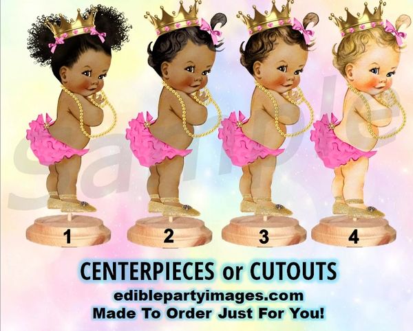 Princess Ruffle Pants Baby Girl Centerpiece with Stand OR Cut Outs, Bright Pink Gold Dress Shoes